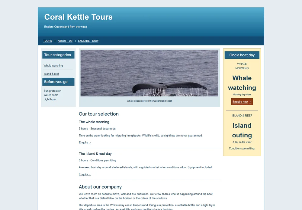 Coral Kettle Tours Glossy travel portal with a small central photo and competing category and offer sidebars