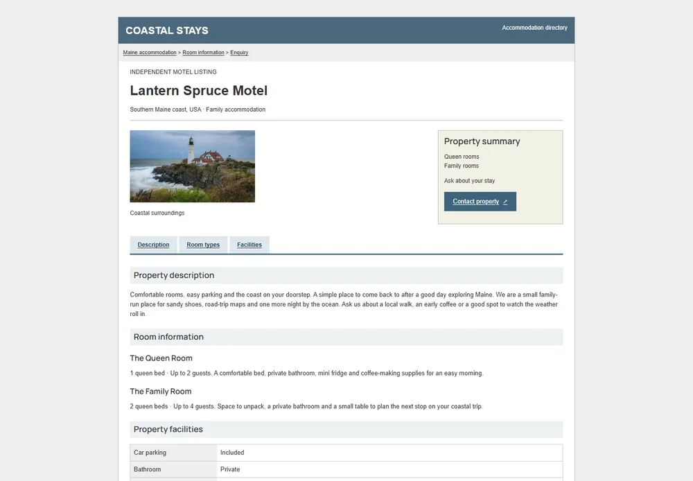 Lantern Spruce Motel Accommodation directory listing with breadcrumbs, a small gallery and dense facility tables