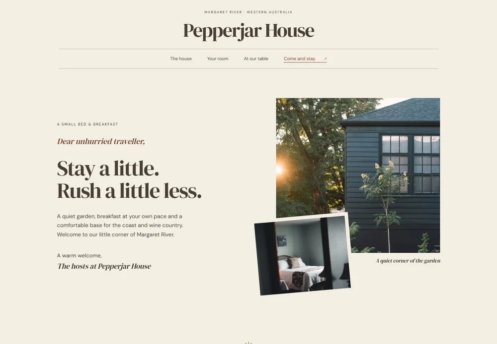 Pepperjar House Illustrated welcome letter with a centred masthead and overlapping cottage and bedroom photographs