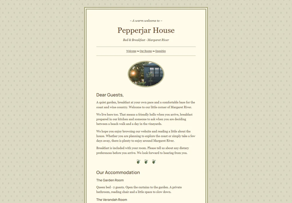 Pepperjar House Narrow guesthouse letter on floral wallpaper with an ornamental border and oval photograph