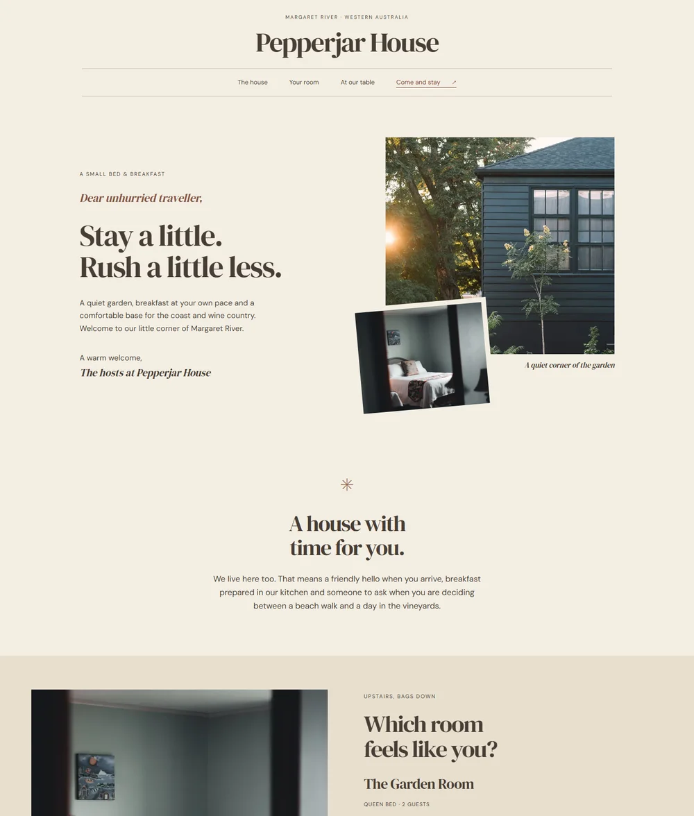Pepperjar House Illustrated welcome letter with a centred masthead and overlapping cottage and bedroom photographs