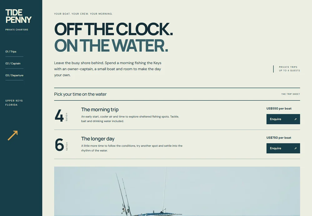 Tidepenny Charters Dock departure board with a vertical navigation rail and large trip durations