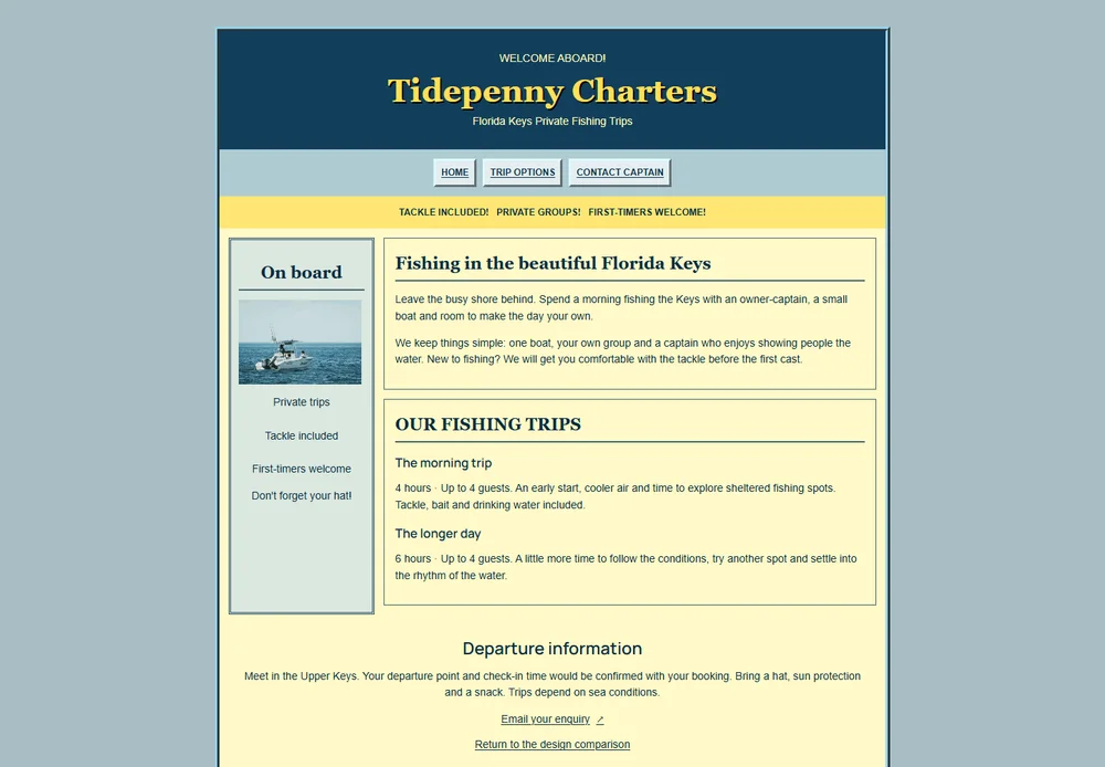 Tidepenny Charters Late-1990s fishing page with bevelled buttons, yellow notices and nested boxes