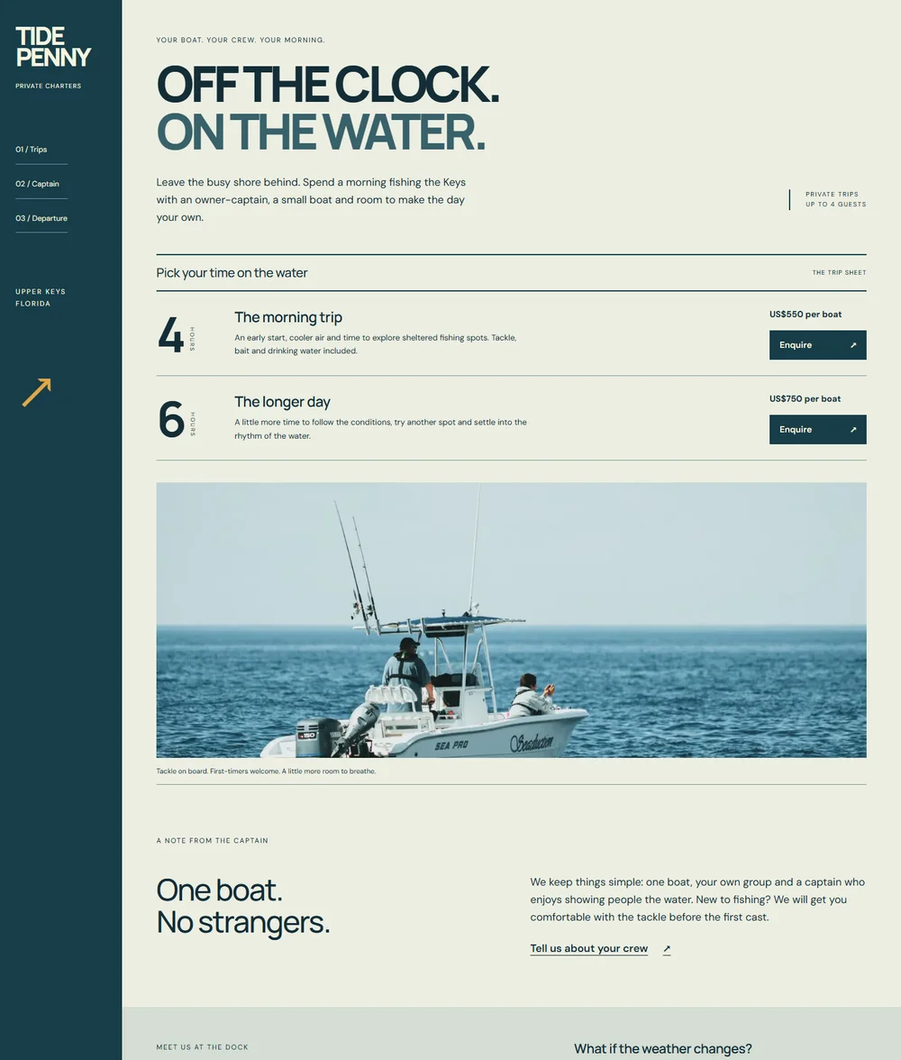 Tidepenny Charters Dock departure board with a vertical navigation rail and large trip durations