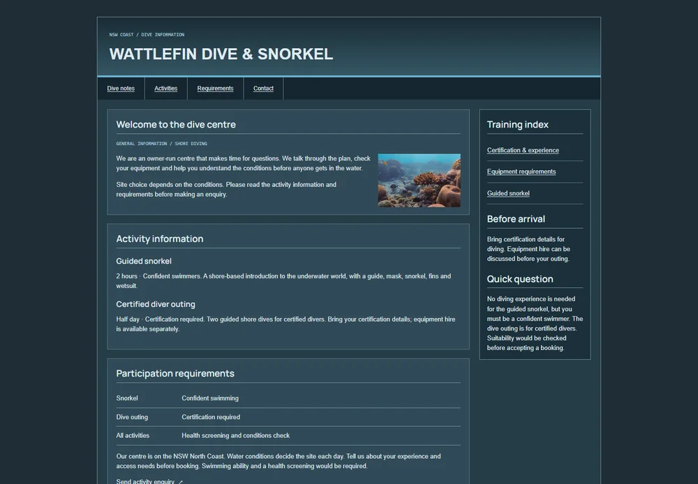 Wattlefin Dive & Snorkel Dark dive-club information site with a cramped article feed, training sidebar and certification table